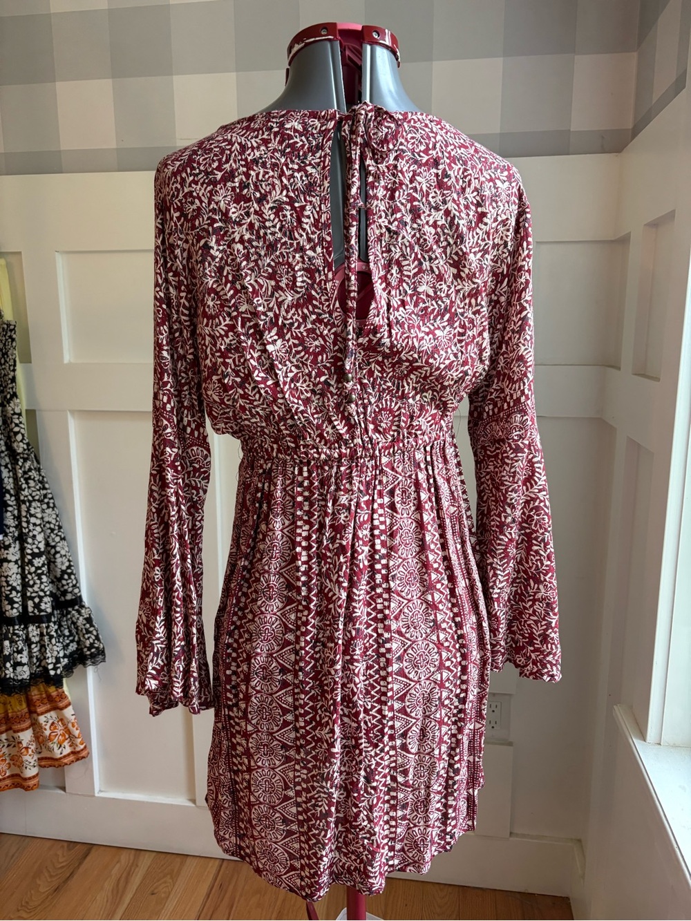 Nostalgia Burgundy and Cream Lace-Up Printed Boho Mini Dress Small - Picture 3 of 9